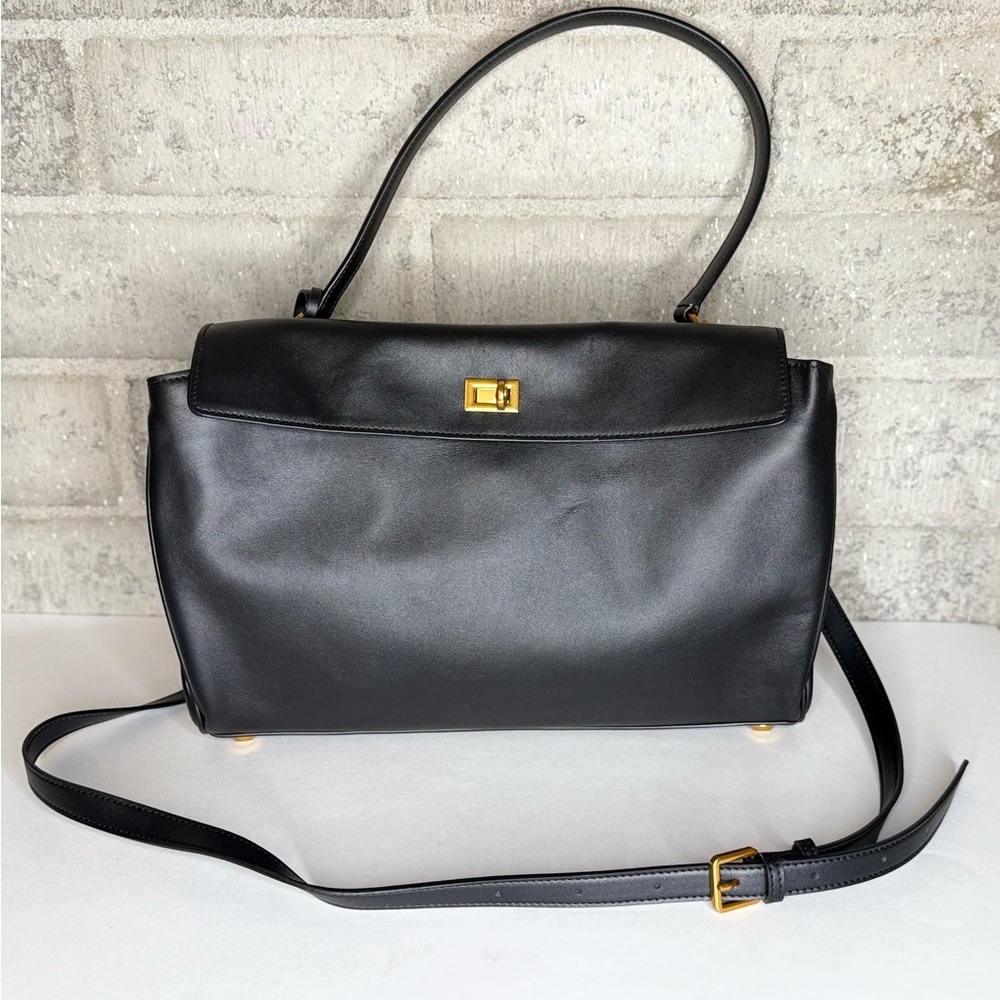Hedexe Black Faux Leather Satchel Bag Gold Hardware Top Handle Crossbody Strap - Picture 3 of 11